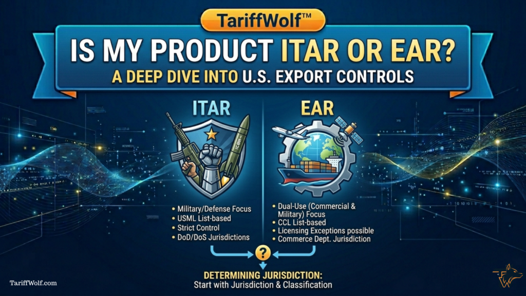 A practical framework for first-time exporters to determine if their product falls under ITAR (USML/DDTC) or EAR (CCL/BIS), including the "specially designed" test and CJ requests.