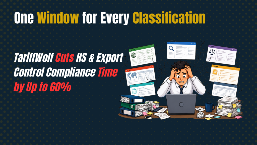 TariffWolf's single-window classification console unites HS codes, ECCNs, country tariffs, binding rulings & legal notes in one screen — cutting trade compliance time up to 60%.